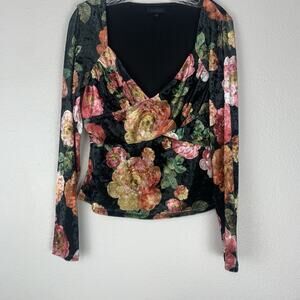 Guess Shirt Womens Large Velvet Empire Waist Floral Blouse Green Babydoll V-neck